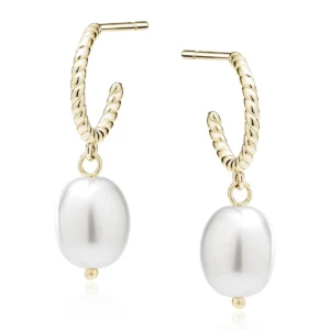 Pozłacane kolczyki koła z białą perłą ze srebra 925 – eleganckie kolczyki wiszące Lukier Jewellery